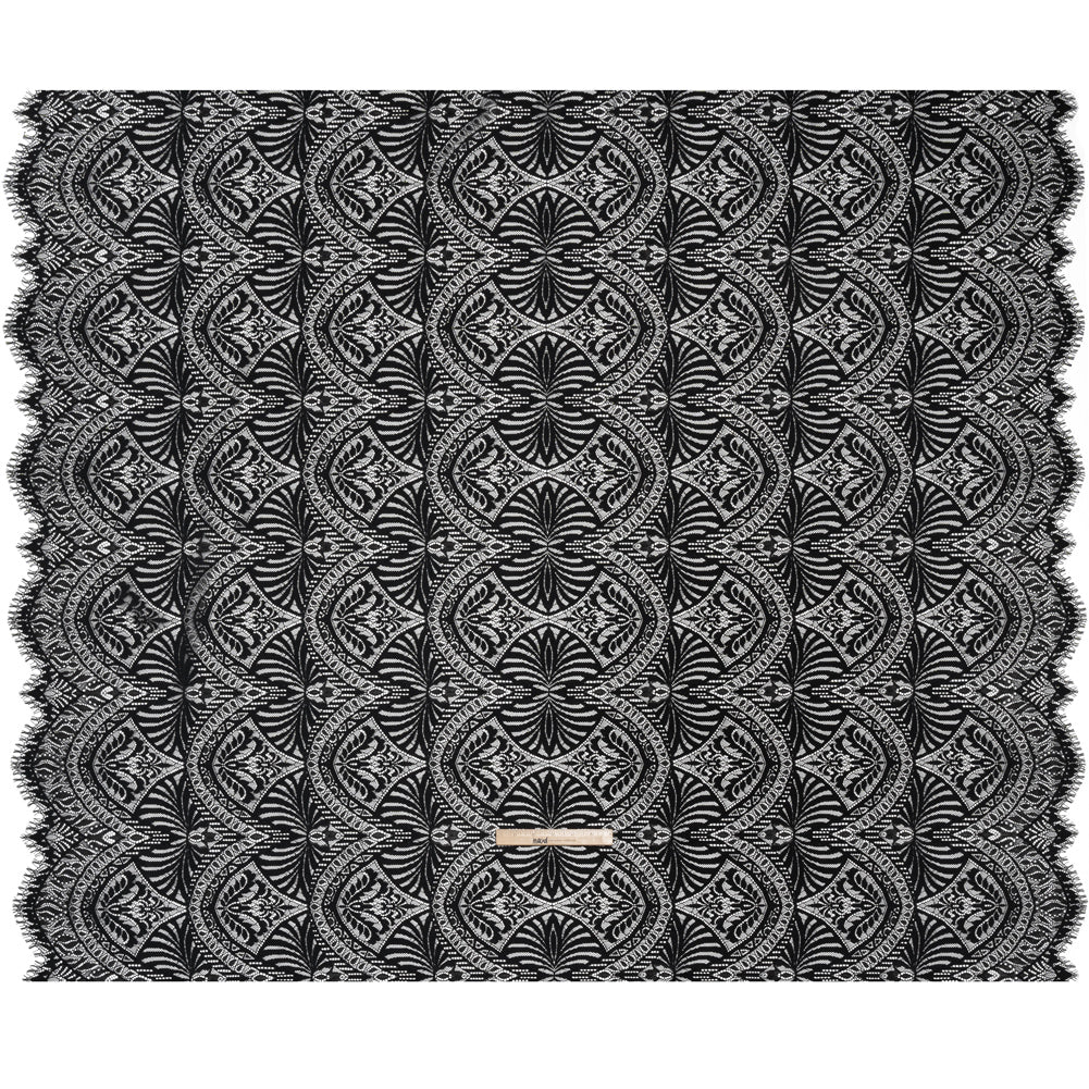 Luminous Raschel Lace Panel with Finished Edges - Black Fancy Floral Scallops