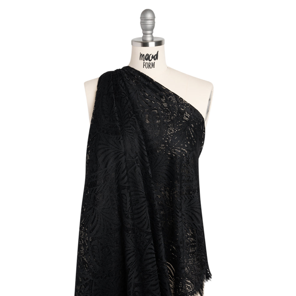Luminous Raschel Lace Panel with Finished Edges - Black Fancy Floral Scallops