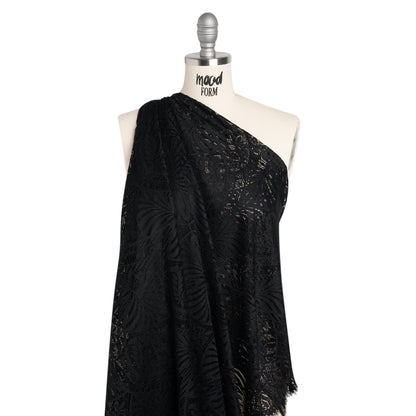 Luminous Raschel Lace Panel with Finished Edges - Black Fancy Floral Scallops