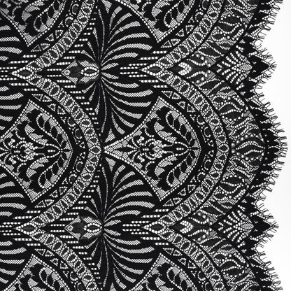 Luminous Raschel Lace Panel with Finished Edges - Black Fancy Floral Scallops