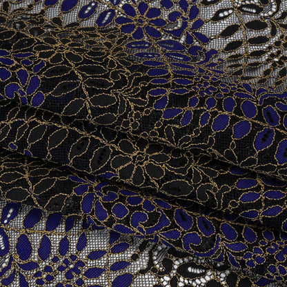 Corded Lace Panel with Finished Edges - Black, Blue and Gold Flowers and Leafy Vines