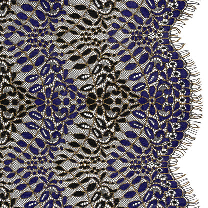 Corded Lace Panel with Finished Edges - Black, Blue and Gold Flowers and Leafy Vines