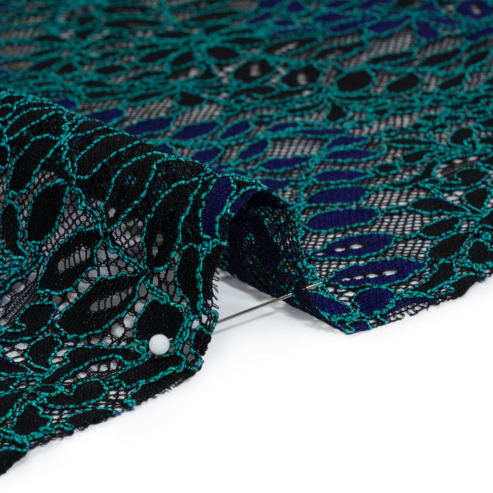 Corded Lace Panel with Finished Edges - Black, Blue and Teal Flowers and Leafy Vines - Detail