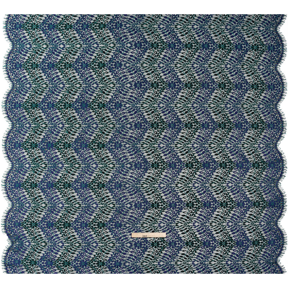 Corded Lace Panel with Finished Edges - Black, Blue and Teal Flowers and Leafy Vines - Full
