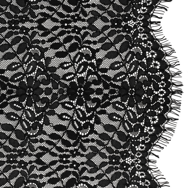 Corded Lace Panel with Finished Edges - Black Flowers and Leafy Vines