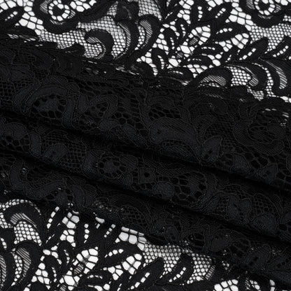 Corded Lace with Scalloped Finished Edges - Black Leafy Vines and Flowers