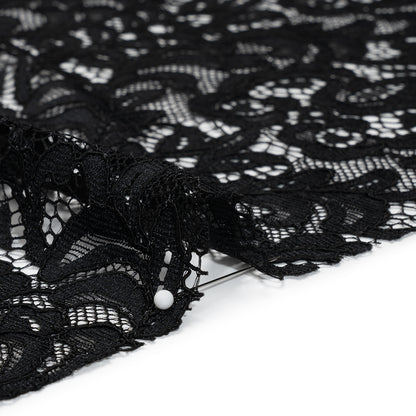 Corded Lace with Scalloped Finished Edges - Black Leafy Vines and Flowers