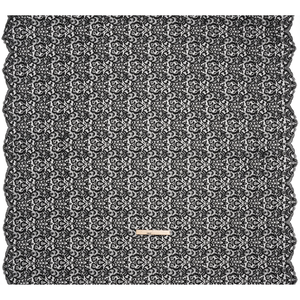 Corded Lace with Scalloped Finished Edges - Black Leafy Vines and Flowers - Full