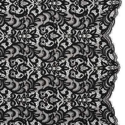 Corded Lace with Scalloped Finished Edges - Black Leafy Vines and Flowers