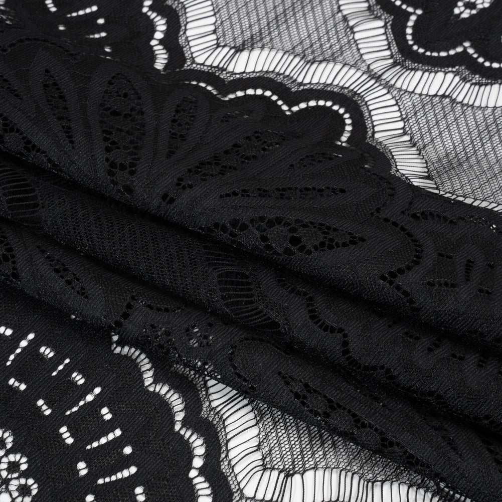 Raschel Lace Panel with Scalloped Finished Edges - Black Floral Medallion Stripes