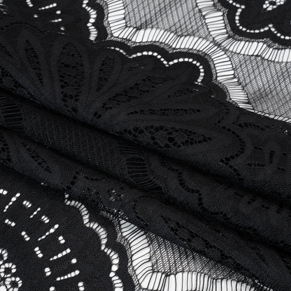 Raschel Lace Panel with Scalloped Finished Edges - Black Floral Medallion Stripes