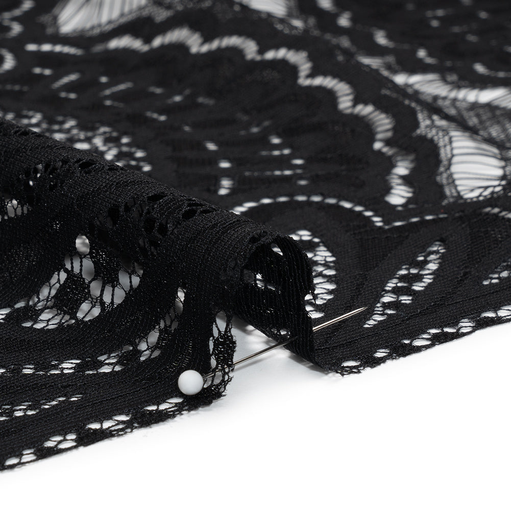 Raschel Lace Panel with Scalloped Finished Edges - Black Floral Medallion Stripes
