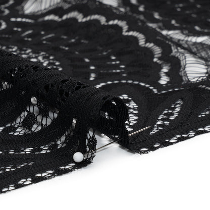 Raschel Lace Panel with Scalloped Finished Edges - Black Floral Medallion Stripes
