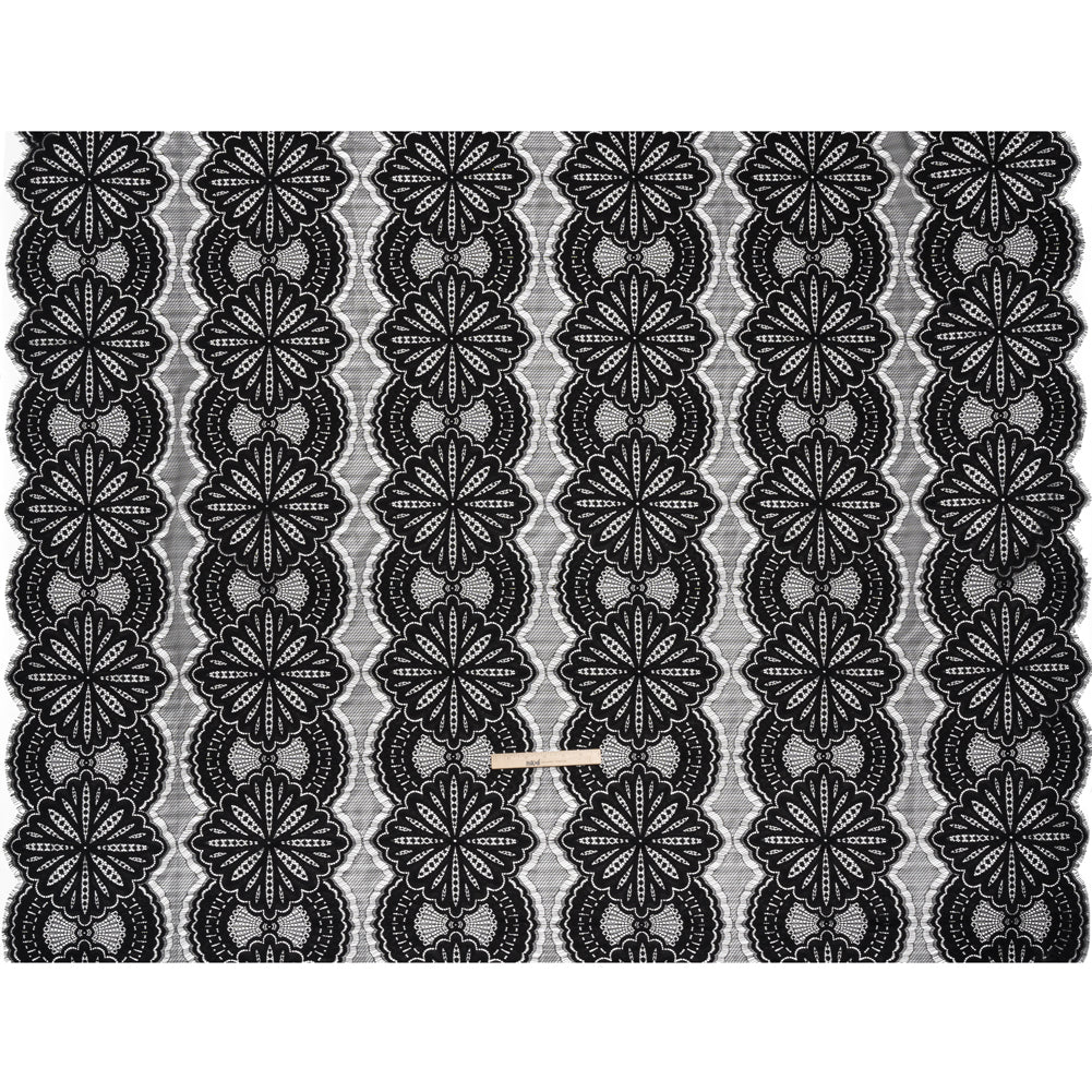 Raschel Lace Panel with Scalloped Finished Edges - Black Floral Medallion Stripes