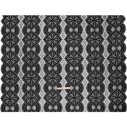 Raschel Lace Panel with Scalloped Finished Edges - Black Floral Medallion Stripes