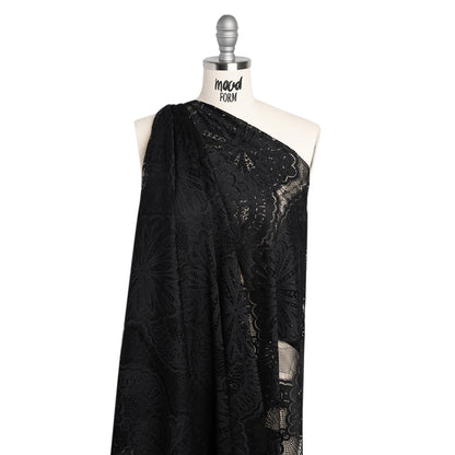 Raschel Lace Panel with Scalloped Finished Edges - Black Floral Medallion Stripes