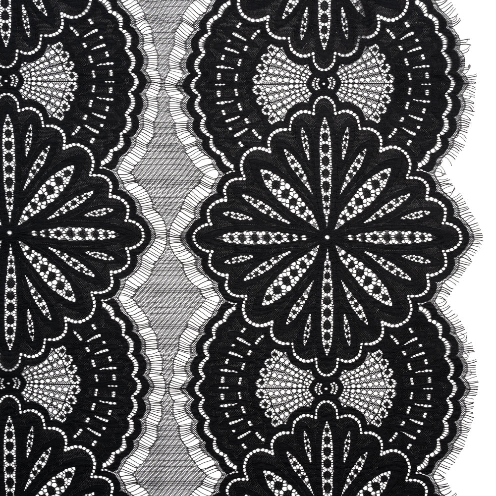 Raschel Lace Panel with Scalloped Finished Edges - Black Floral Medallion Stripes