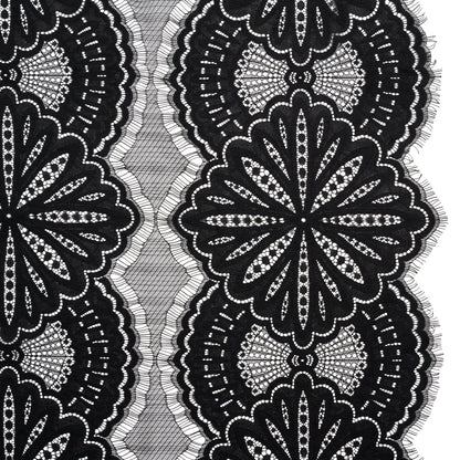 Raschel Lace Panel with Scalloped Finished Edges - Black Floral Medallion Stripes