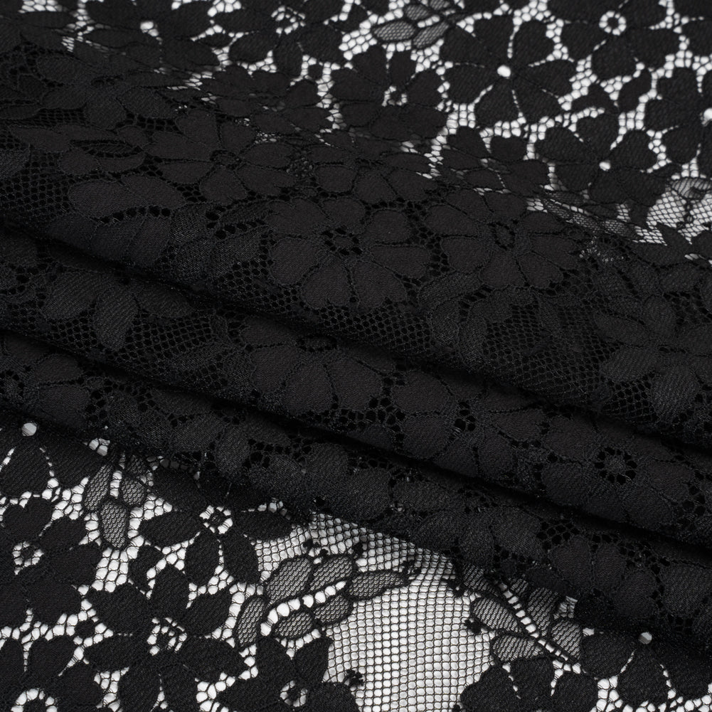 Raschel Lace Panel with Organic Finished Edges - Black Daisy Bunches - Folded