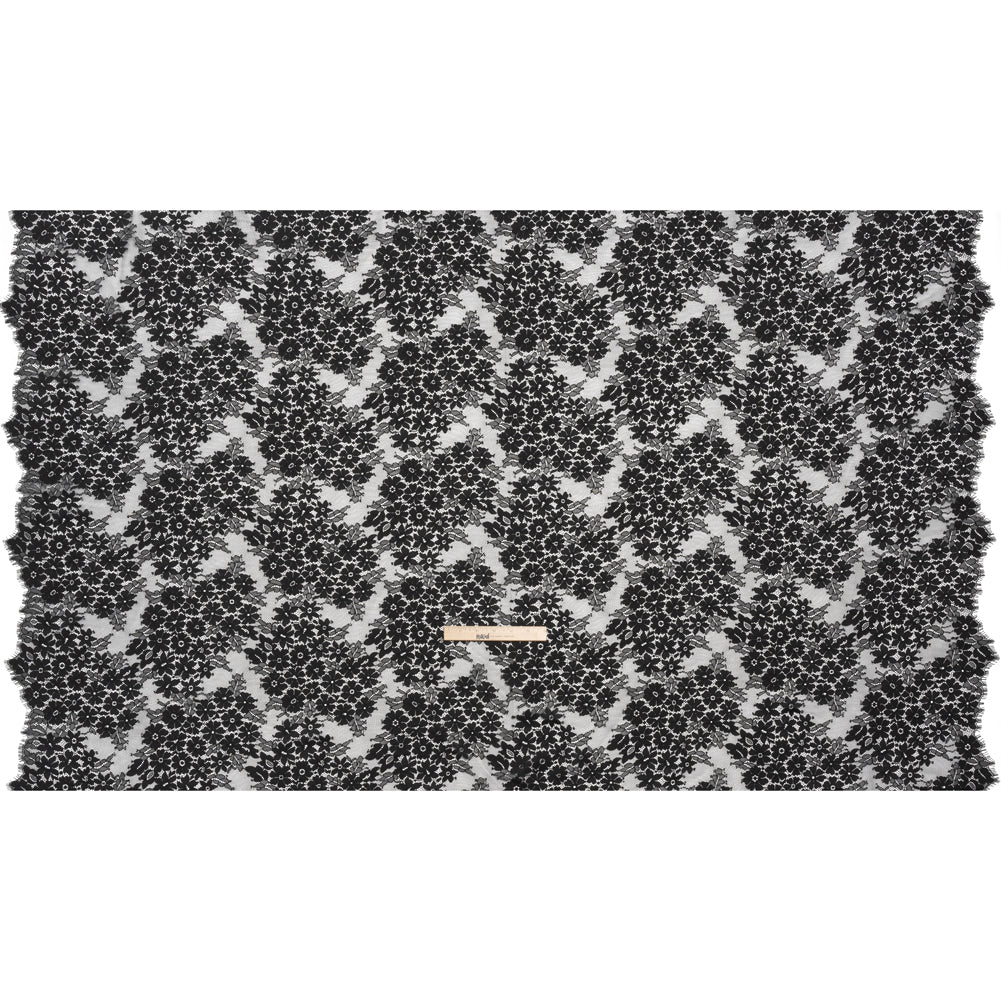 Raschel Lace Panel with Organic Finished Edges - Black Daisy Bunches - Full
