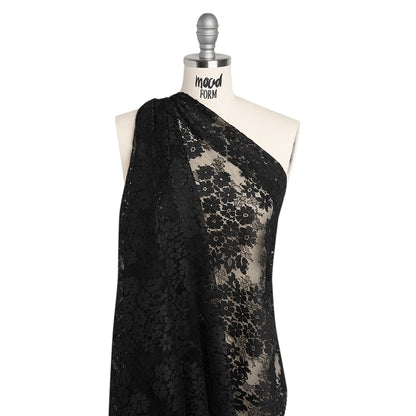 Raschel Lace Panel with Organic Finished Edges - Black Daisy Bunches