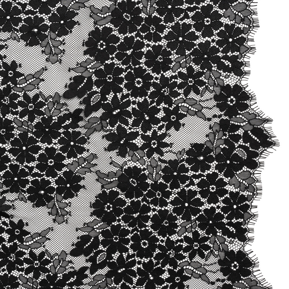 Raschel Lace Panel with Organic Finished Edges - Black Daisy Bunches