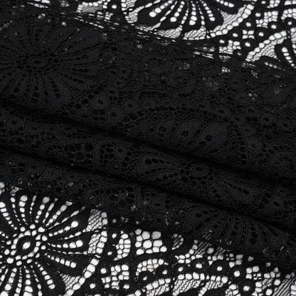 Corded Lace Panel with Scalloped and Fringed Finished Edges - Black Flower Medallions and Abstract Stripes