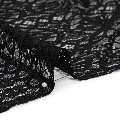 Corded Lace Panel with Scalloped and Fringed Finished Edges - Black Flower Medallions and Abstract Stripes