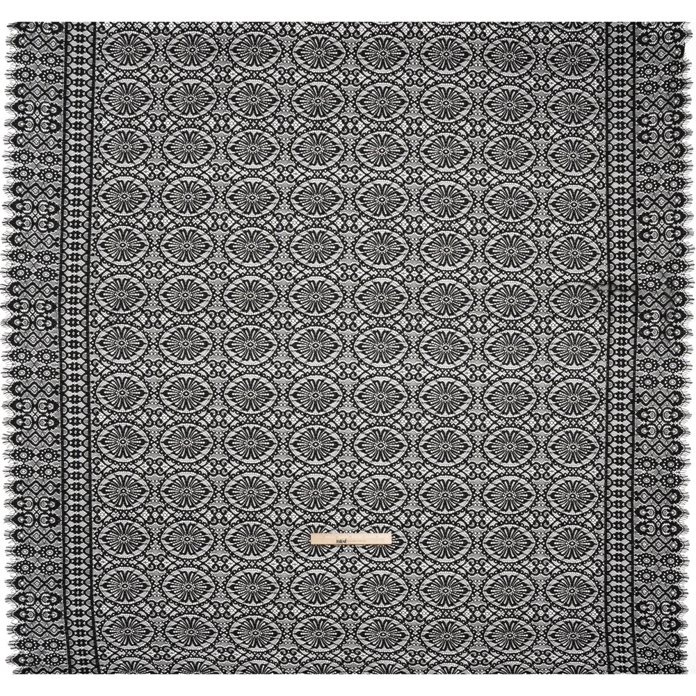 Corded Lace Panel with Scalloped and Fringed Finished Edges - Black Flower Medallions and Abstract Stripes