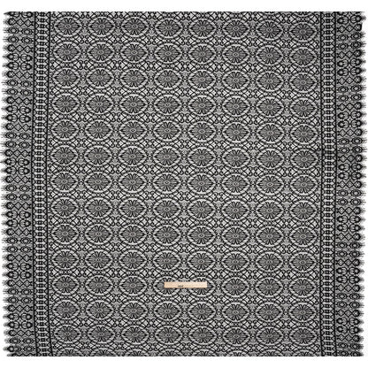 Corded Lace Panel with Scalloped and Fringed Finished Edges - Black Flower Medallions and Abstract Stripes