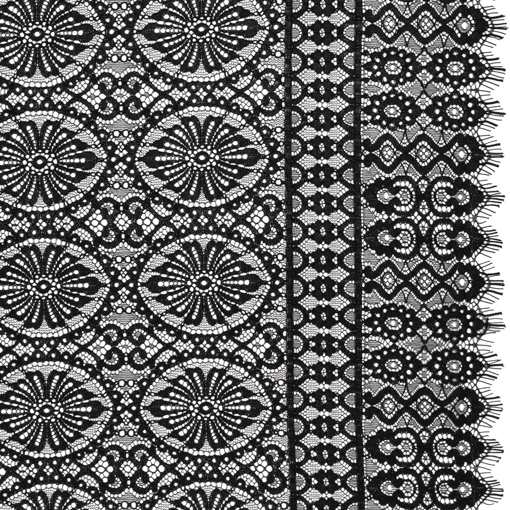 Corded Lace Panel with Scalloped and Fringed Finished Edges - Black Flower Medallions and Abstract Stripes