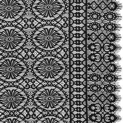 Corded Lace Panel with Scalloped and Fringed Finished Edges - Black Flower Medallions and Abstract Stripes
