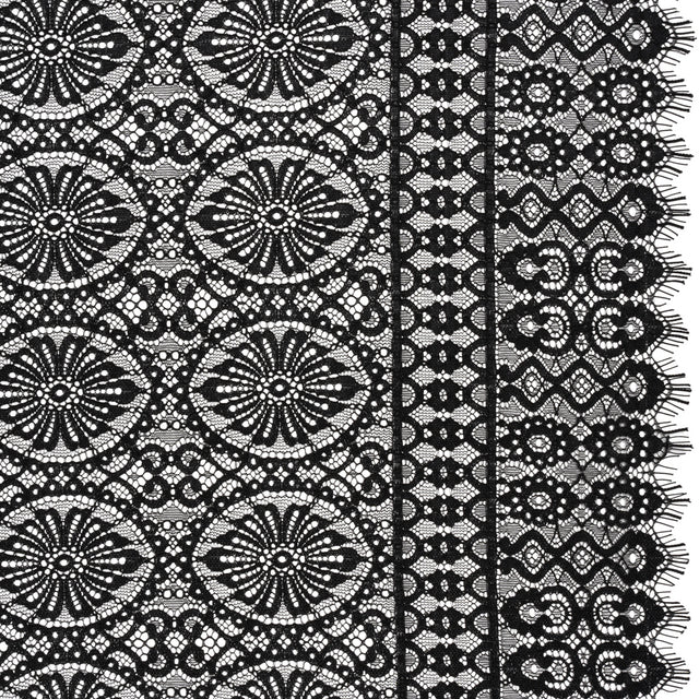 Corded Lace Panel with Scalloped and Fringed Finished Edges - Black Flower Medallions and Abstract Stripes