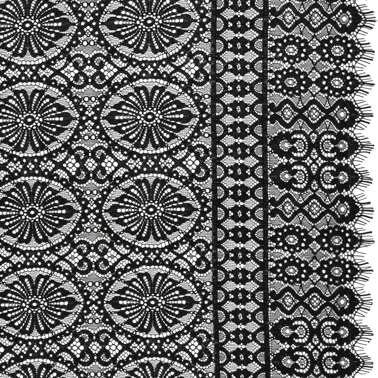 template--25130090922057__main-Corded Lace Panel with Scalloped and Fringed Finished Edges - Black Flower Medallions and Abstract Stripes