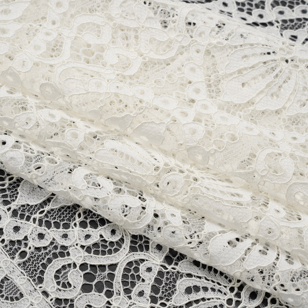 Corded Lace Panel with Scalloped and Fringed Finished Edges - Ivory Flower Medallions and Abstract Stripes
