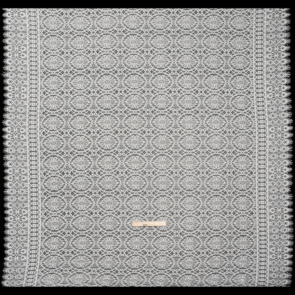 Corded Lace Panel with Scalloped and Fringed Finished Edges - Ivory Flower Medallions and Abstract Stripes