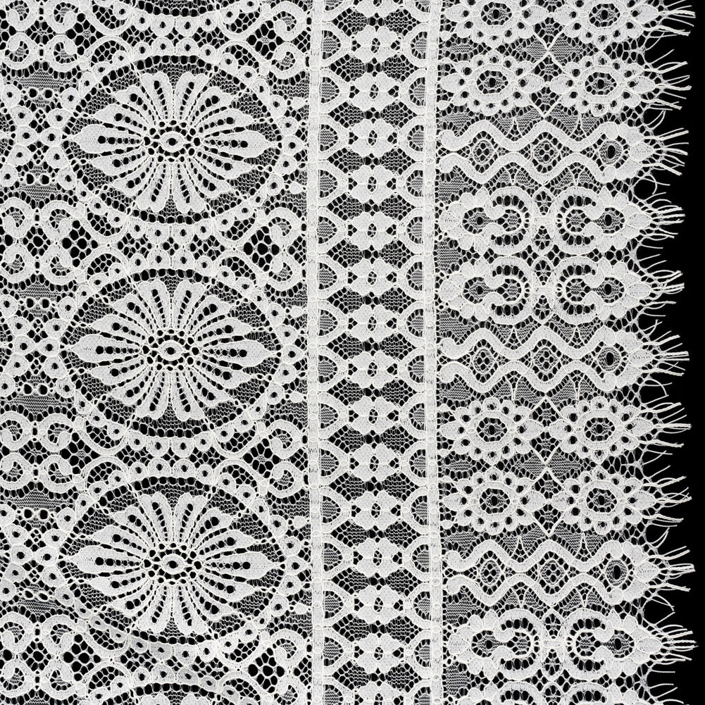 Corded Lace Panel with Scalloped and Fringed Finished Edges - Ivory Flower Medallions and Abstract Stripes