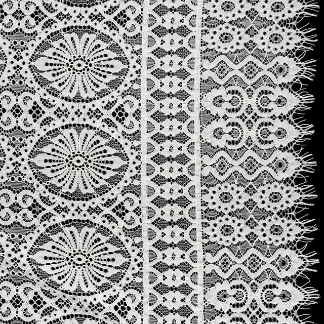 Corded Lace Panel with Scalloped and Fringed Finished Edges - Ivory Flower Medallions and Abstract Stripes