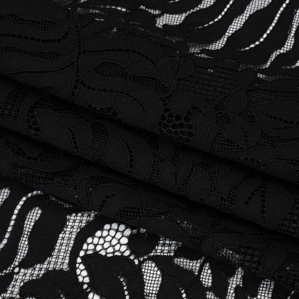 Corded Lace Panel with Organic Finished Edges - Black Tropical Leaves