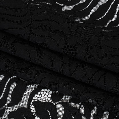 Corded Lace Panel with Organic Finished Edges - Black Tropical Leaves