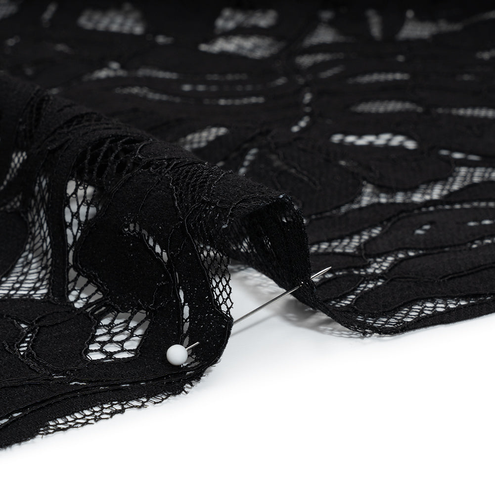 Corded Lace Panel with Organic Finished Edges - Black Tropical Leaves