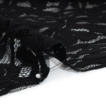 Corded Lace Panel with Organic Finished Edges - Black Tropical Leaves