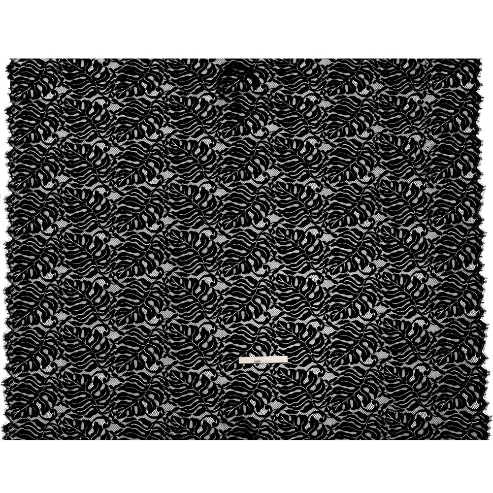Corded Lace Panel with Organic Finished Edges - Black Tropical Leaves