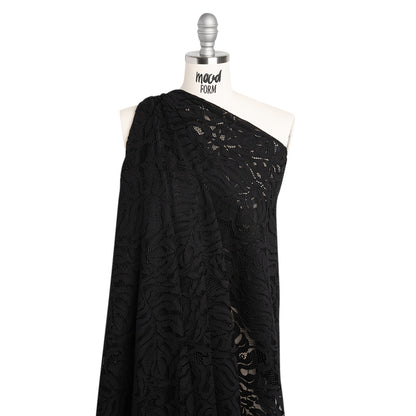 Corded Lace Panel with Organic Finished Edges - Black Tropical Leaves