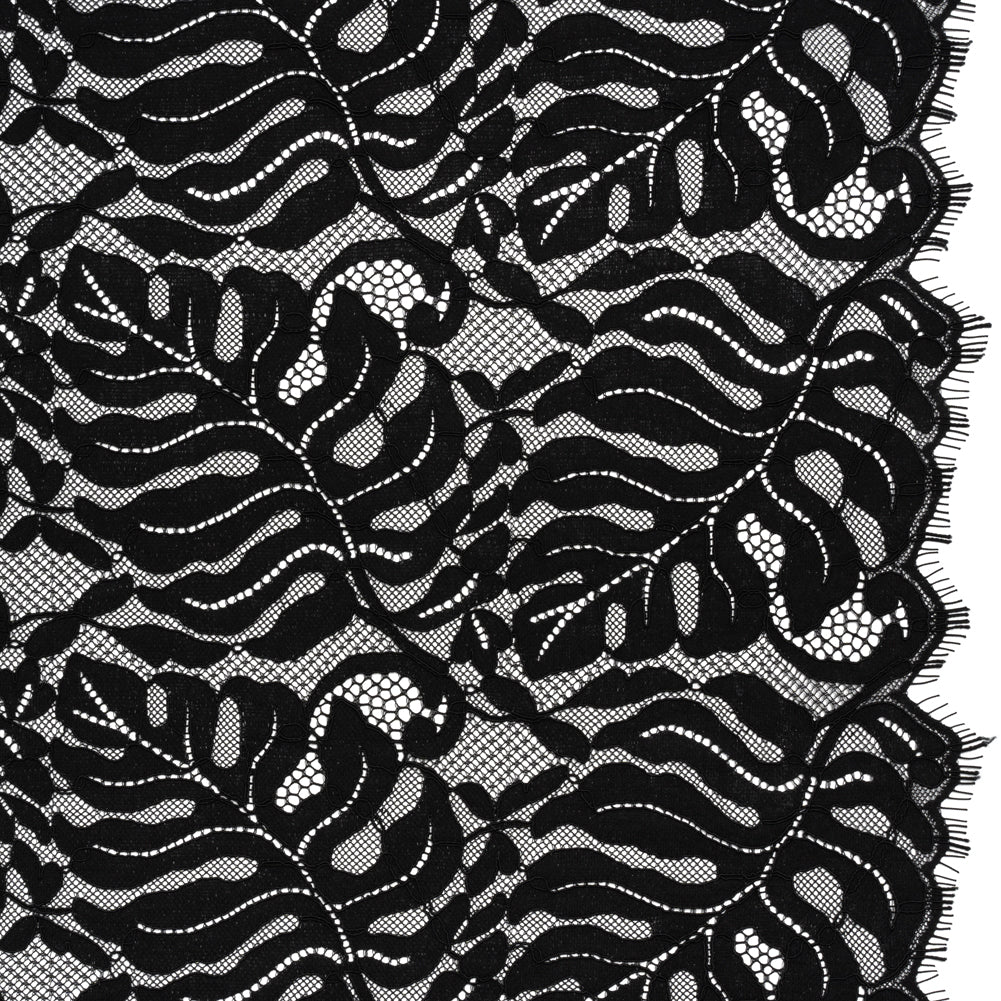 Corded Lace Panel with Organic Finished Edges - Black Tropical Leaves