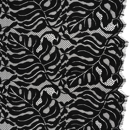 Corded Lace Panel with Organic Finished Edges - Black Tropical Leaves