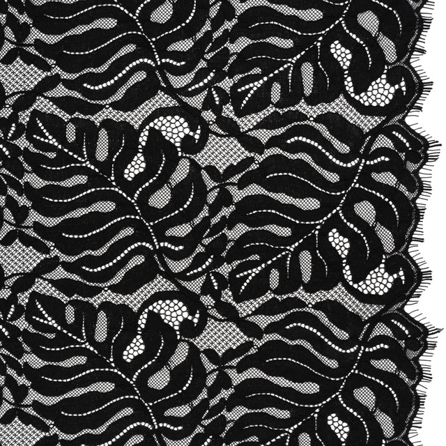 Corded Lace Panel with Organic Finished Edges - Black Tropical Leaves