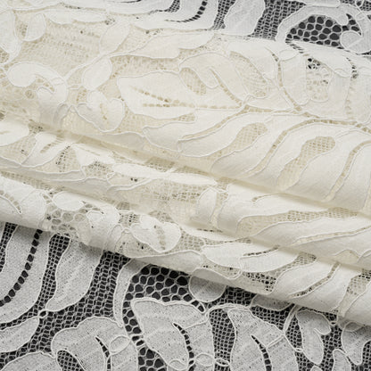 Corded Lace Panel with Organic Finished Edges - Ivory Tropical Leaves