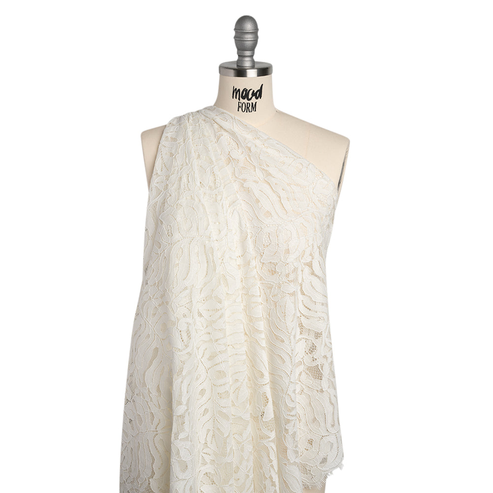 Corded Lace Panel with Organic Finished Edges - Ivory Tropical Leaves - Drape