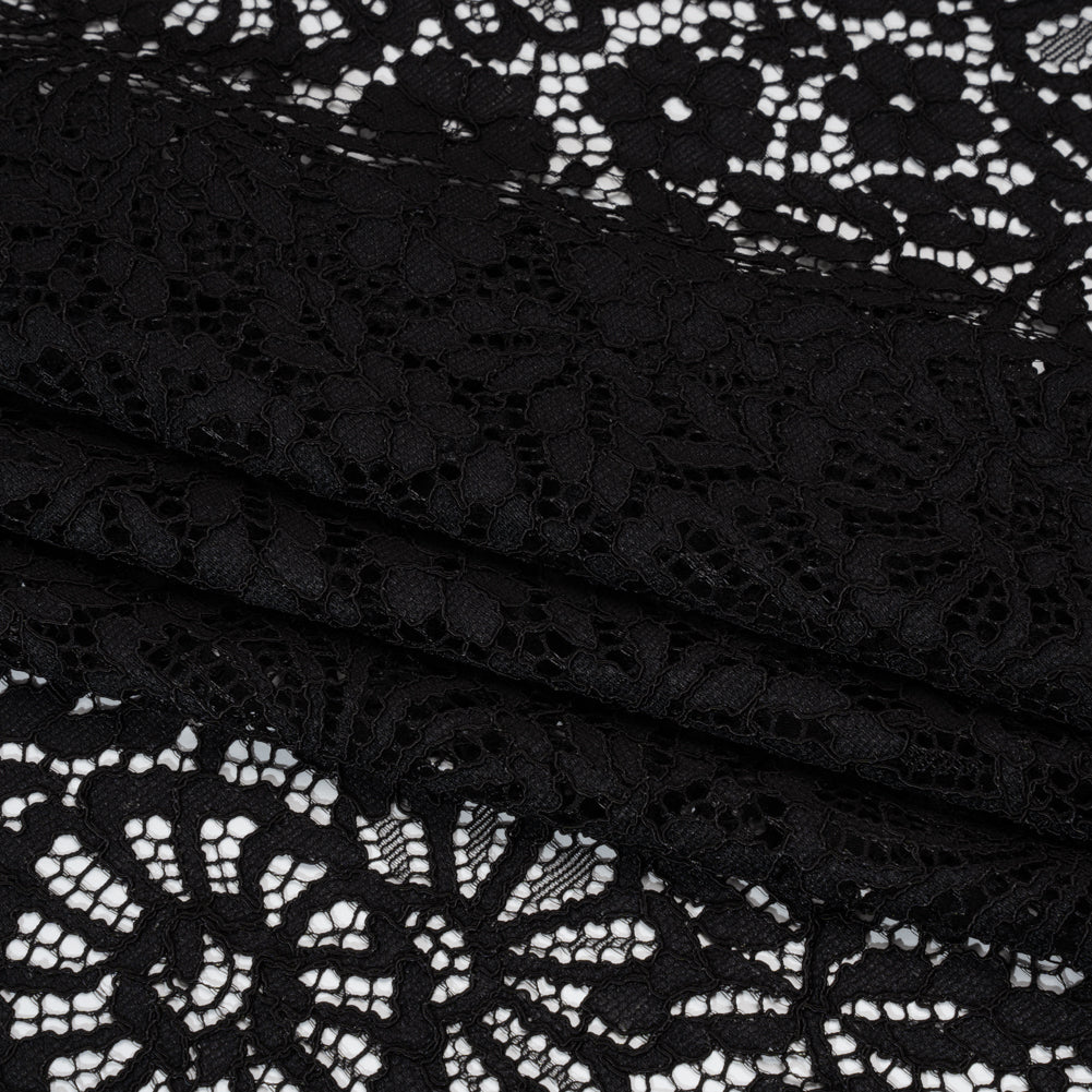 Corded Lace Panel with Finished Latticework Edges - Black Floral - Folded